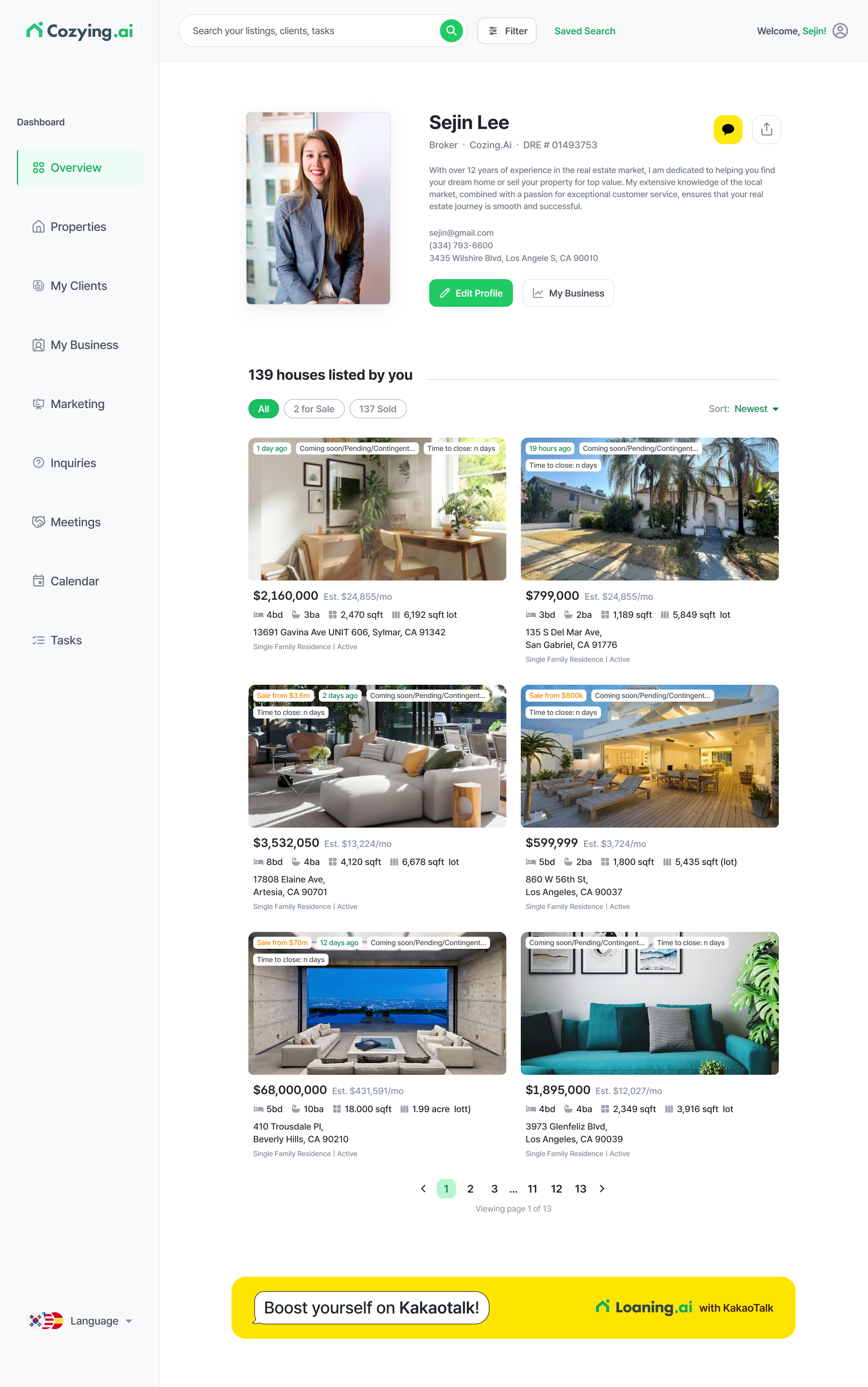 Cozying.ai Realtor Dashboard